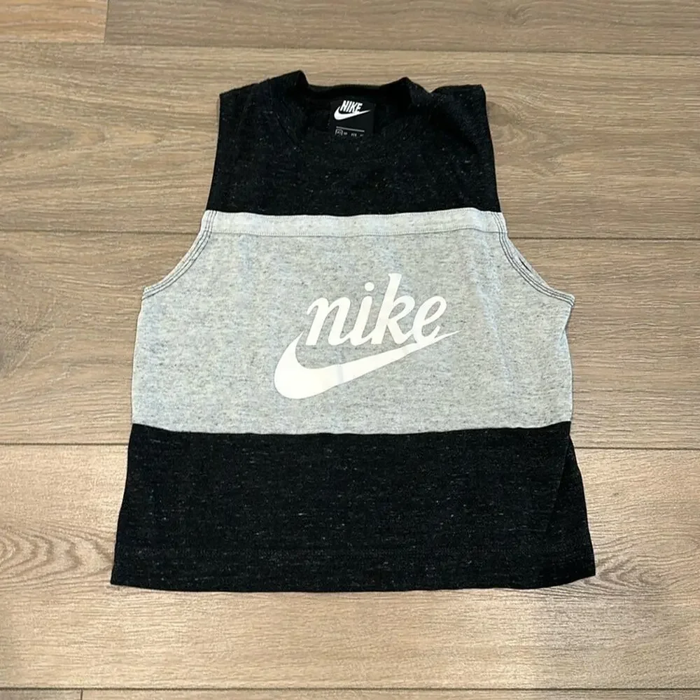 NIKE Gray Charcoal White‎ Sportswear Varsity Cropped Colorblock Tank Top Size XS